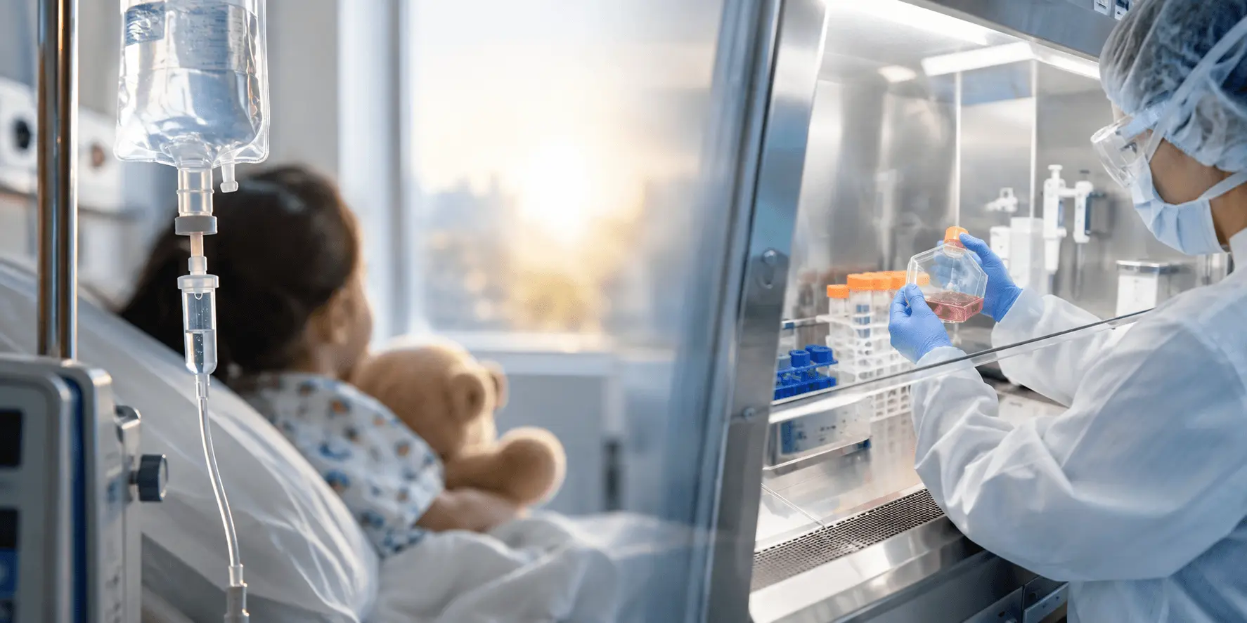 A child in a hospital bed beside an IV drip, and a lab technician handling a cell culture flask