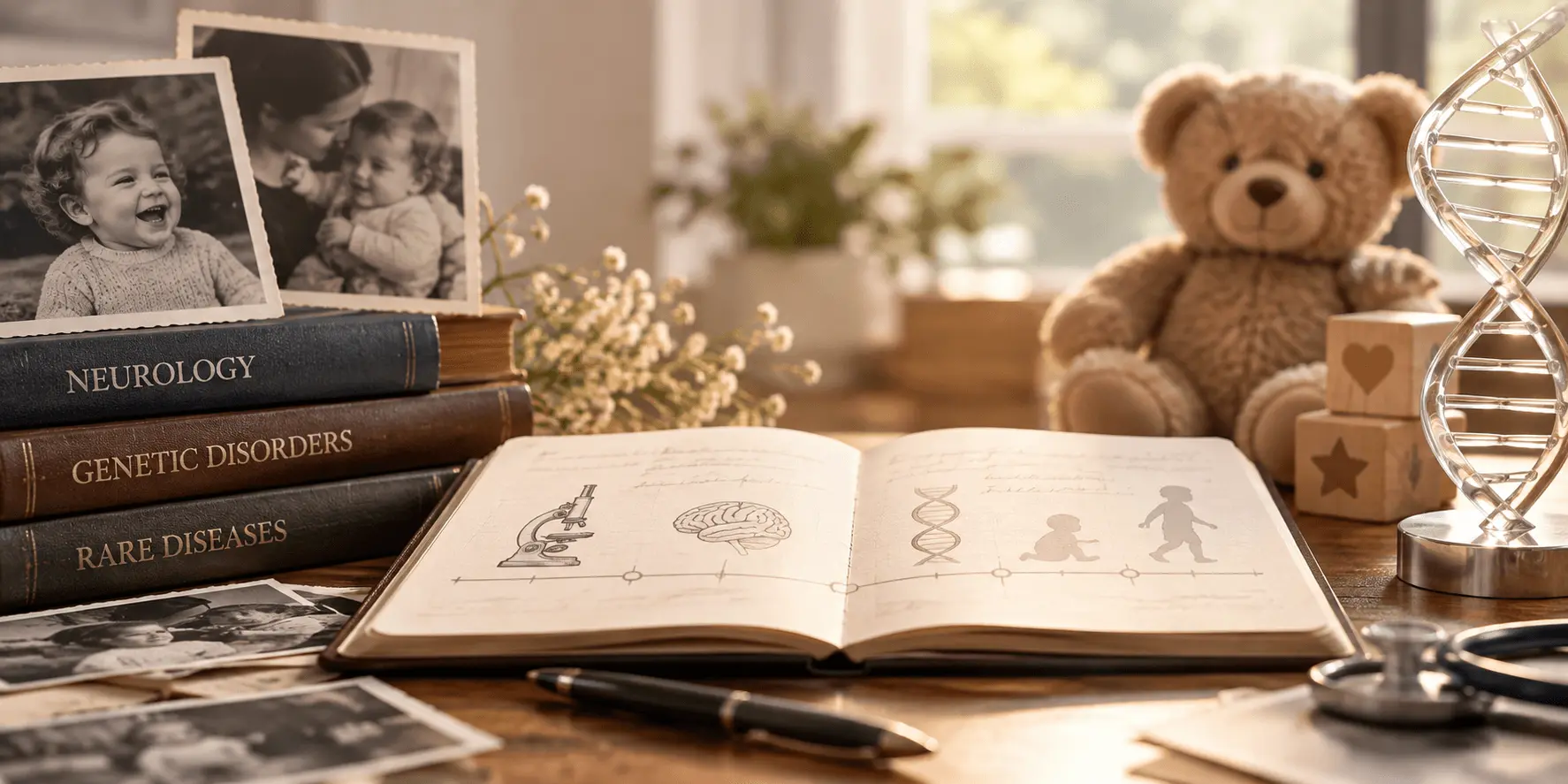 Old family photographs and medical books beside an open notebook sketched with a timeline